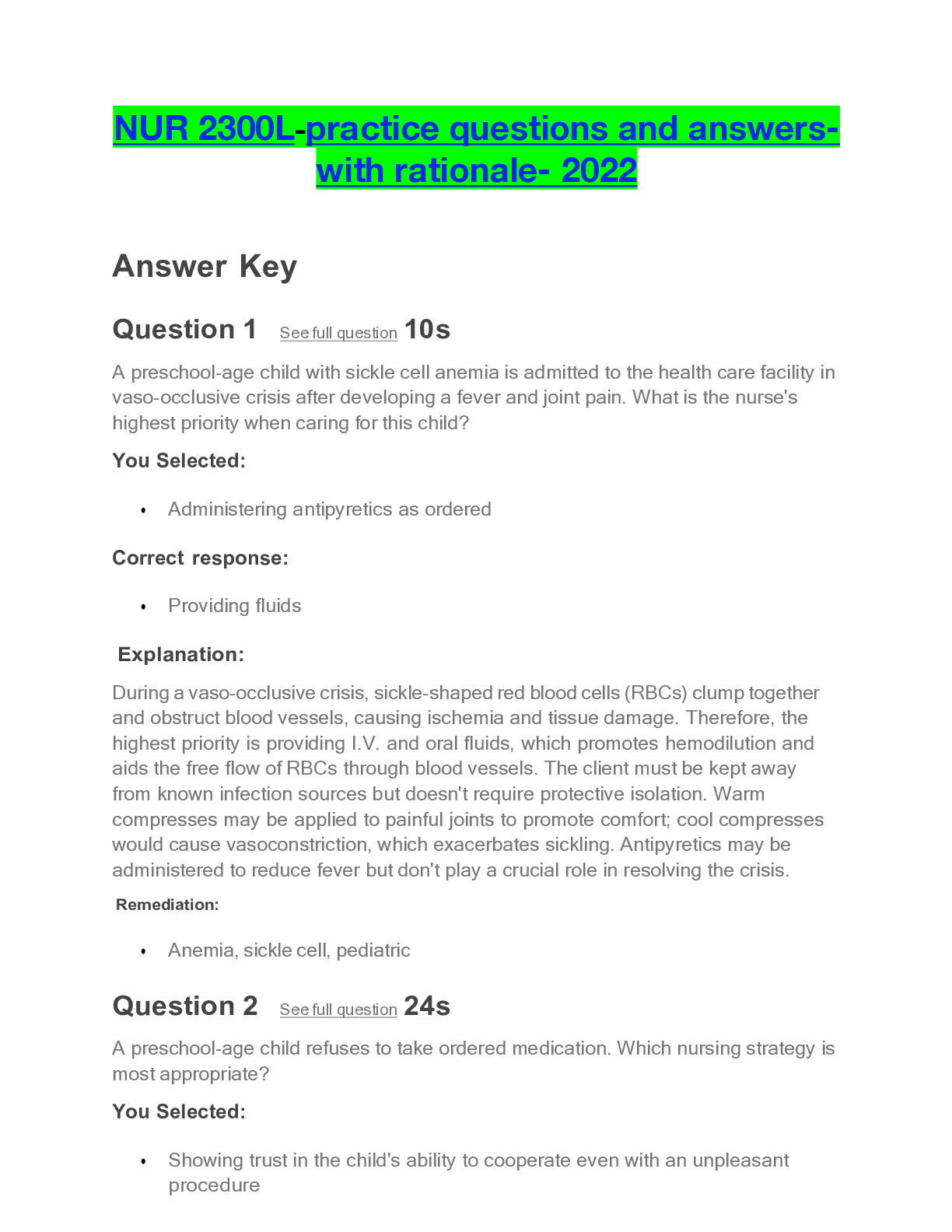 Preview of NUR 2300L-practice questions and answers-with rationale- 2022
